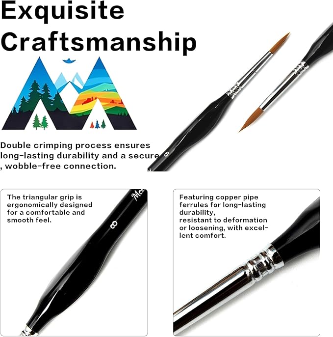 10 Pieces Exquisite Detail Paint Brush Set with Copper Tube and Special Double - Wire - Binding Process，Birch Wood Pen,Triangular Grip. Suitable Oil, Watercolour, Acrylic, Digital Painting
