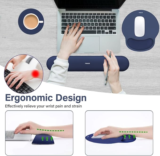 MOSISO Wrist Rest Support for Mouse Pad&Keyboard Set, Circle Curved Ergonomic Mousepad&Coaster Non-Slip Base Home/Office Pain Relief&Easy Typing Pad with Soft Cloth&Silicone Lining, Navy Blue
