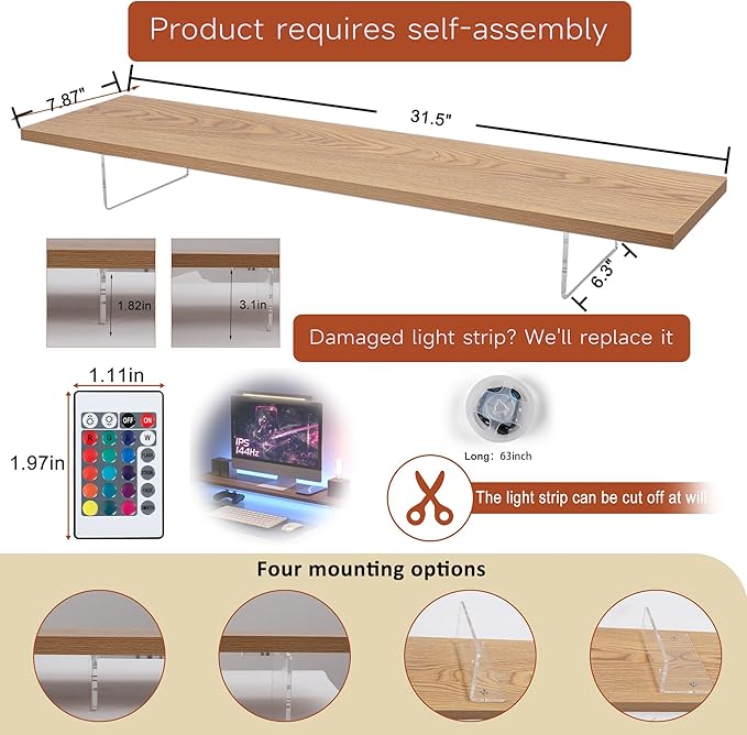 Monitor Stand Riser,Wood & Acrylic Computer Monitor Stand with LED Light,Desk Accessories Desktop Organizer Stand for Computer,Laptop,Printer,PC & TV Screen Riser
