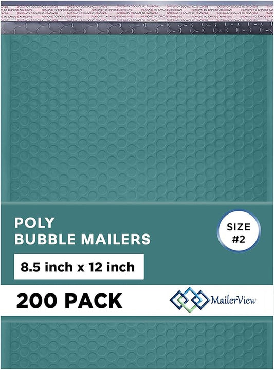 Green Poly Bubble Mailers 8.5x12 inch #2 | Self Seal Padded Envelopes | Cushioned Bubble Mailer | Usable Size 8.5x11 | Water Proof | Lightweight mailing Shipping Bags | 200 Pack Bulk