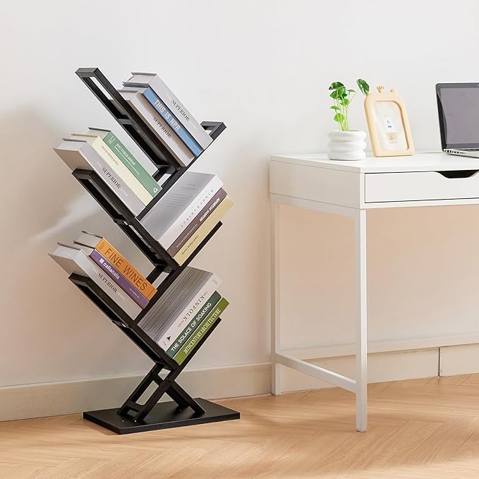 5 Tier Tree Bookshelf, Floor Standing Bookshelf for Narrow Space,Storage Organizer Bookshelves for Books/CDs/Magazine, Bookcase with Shelves for Home Office, Living Room-Black