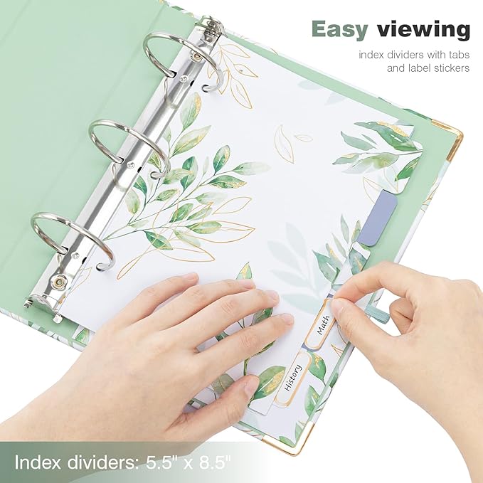 Ospelelf Small Three Ring Binder 2 Inch, Green Floral Round Ring Clipboard Binder with 5 Tab Dividers, for School and Office Supplies, Greenleaf