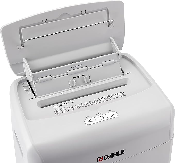 Dahle ShredMATIC SM 90 Auto-Feed Paper Shredder, Cross Cut, 90 Sheet Feed Tray, German Engineered, Jam Protection, Oil Free, SmartPower, P-4 Security, Shreds Staples/Paper Clips/Credit Cards