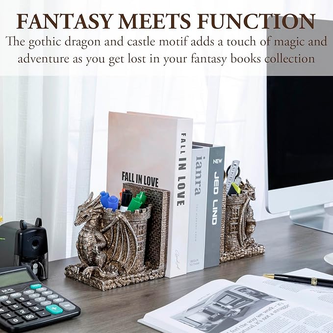 MyGift Gothic Brown Resin Dragon Guarding Castle Pencil Cup Bookends, Office Desk Book Ends with Decorative Fantasy Dragons and Stone Tower Pen Holders, 1 Pair