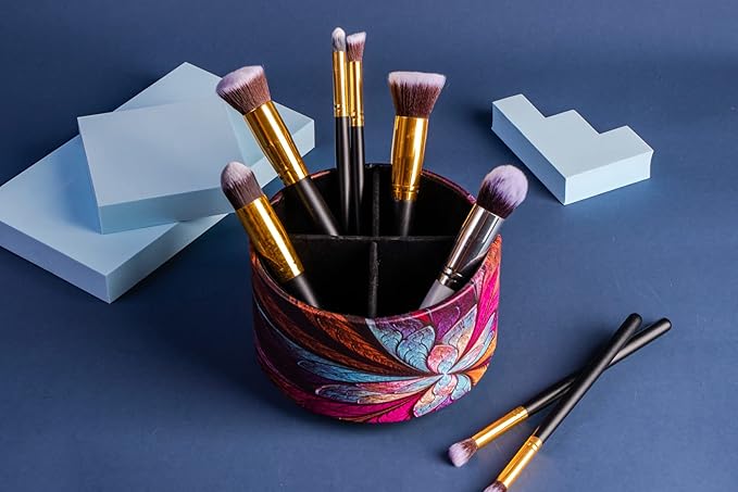 Hennaja Round Leather Art Supply Organizer,Remote Control Holder,360 Degree Rotating,Multi-Functional Pencil Holder,4 Compartments Desktop Stationary Organizer(1-Fractal Flower)