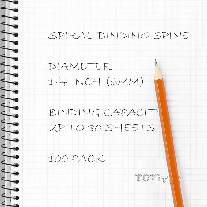 TOTiyea 100 Pack Plastic Spiral Binding Coils,6mm(1/4") Binding Spirals,30 Sheet Capacity,4:1 Pitch,Black