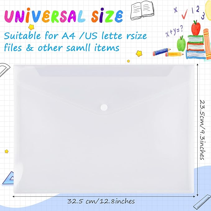 100 Pcs Clear Envelopes with Snap Button Closure Bulk A4 Letter Size Clear Plastic Envelope Folder Document Organizer File Folders for Office Home (Milky)