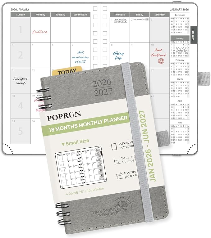 POPRUN Monthly Planner 2026-2027 (Pocket 4.25" x 6.25") 18 Months Calendar (Jan 2026 - Jun 2027) - 4 Pages per Month with Expense & Notes, Leather Cover, Sunday Starts - Grey