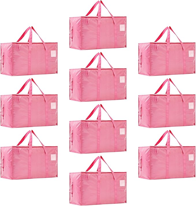 Moving Bags Heavy Duty Extra Large, Moving Boxes, Moving Supplies Essentials,Storage Bins with Lids, Plastic Packing Totes, Storage Bags for Clothes with Handles & Zippers(Pink, 10 Pack)