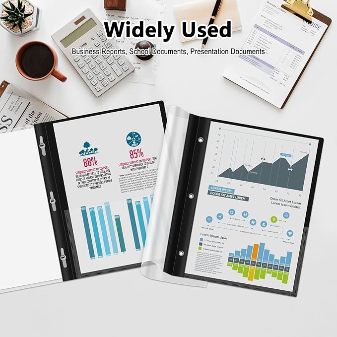 Ndsox 15 Packs Clear Front Report Covers with 3-Prong Fasteners, Plastic Project Presentation Folders Resume Document Covers with Black Back for 8.5" x 11" Letter Size Paper for School Office Business