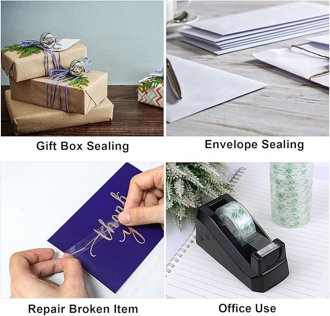 BOMEI PACK Transparent Tape Dispensers Desk, 2 Pack Black with 6Rolls Transparent Tape, 1 Inch Core, for Gift Wrapping, School, Office and Home