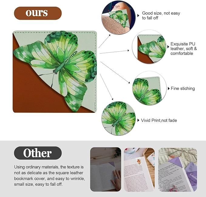 Leather Butterfly Corner Bookmarks, Cute Square Page Book Marks for Women Girls Kids 4 Pcs Book Accessories for Book Lovers（Butterfly）