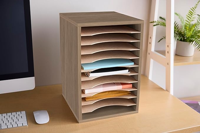 Safco Products Vertical Desktop Sorter, 11 Compartment, Gray Wood