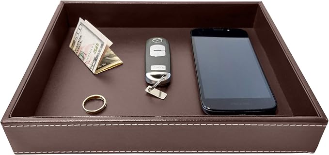 Valet Tray, Desk Tray, Nightstand Organizer for Men, Brown PU Leather, 10.3 x 8.3 x 1.6 inches