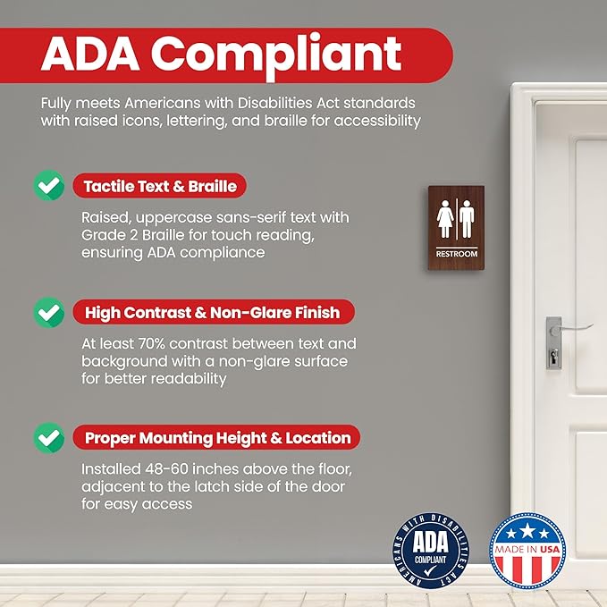 Promot Unisex Bathroom Sign – ADA Braille Restroom Sign for Business, Self-Adhesive, 9" x 6", Commercial Door Signage, Office Wall Decor - Walnut