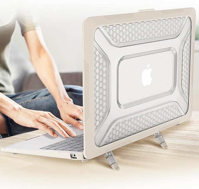 KEROM Heavy Duty Case for MacBook Pro 14 inch 2025-2021 M5 M4 M3 M2 M1 Chip A3434 A3112 A3185 A3401 A2918 A2992 A2779 A2442, Rugged TPU Bumper Hardshell with Foldable Kickstand & Keyboard Cover, Beige