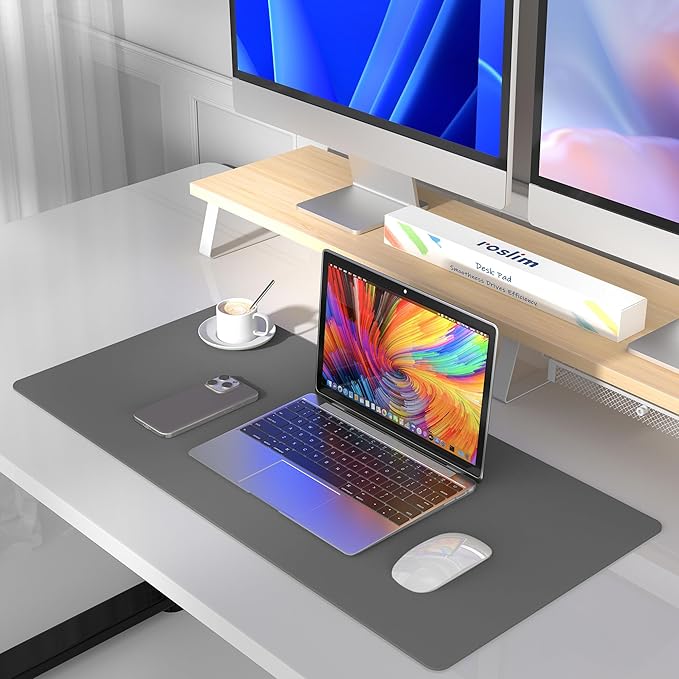 PU Leather Large Mouse Pad, Desk Pad Protector, Non-Slip Desk Mat for Home and Office, Waterproof Laptop Computer Desk Blotter for Keyboard and Mouse, Mouse Pads for Desk, Deep Grey (13.7''X23.6'')