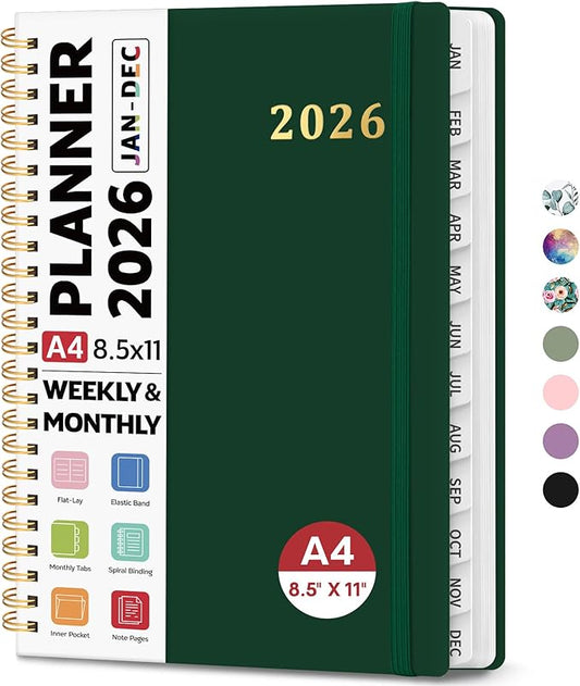 2026 Planner 8.5" x 11", Weekly and Monthly Calendar Planner Book, January 2026 - December 2026, Hardcover Spiral Planner with Monthly Tabs, Notes Pages, Perfect for Women & Men, A4 - Dark Green