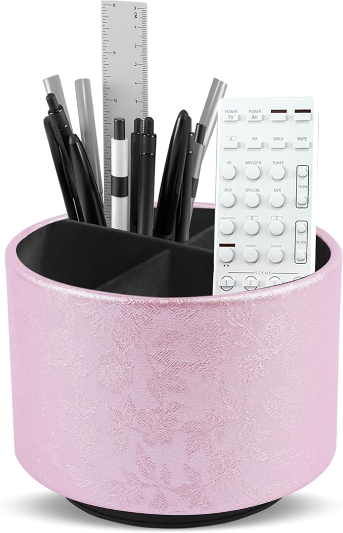 lizimandu Round Leather Art Supply Organizer,Remote Control Holder,360 Degree Spinning,Multi-Functional Pencil Holder,4 Compartments Desktop Stationary Organizer(1-Liuli Pink)