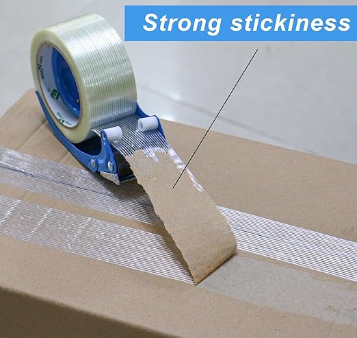 BOMEI PACK Strapping Tape 2Inch, Fiberglass Reinforced Heavy Duty Packing Tape with Dispenser with String for Moving and Shipping, 6Rolls x 5.5Mil x 35Yds, Total 210Yds