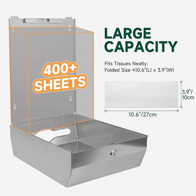 Commercial Paper Towel Dispenser Wall Mount 400-Sheet Capacity Brushed Stainless Steel Lockable Fits Multifold/Z-Fold Towels (Folded Size ≤ 10.6" x 3.9")