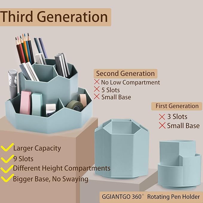 Pencil Pen Holder for Desk, 9 Slots 360 Degree Rotating Desk Organizer, Cute Pen Organizers Stationery Supplies for Office Home & Art Supply (Blue)