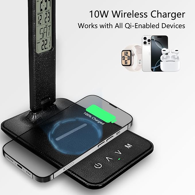 LED Desk Lamp with 10W Wireless Charger & USB Port, Eye-Caring Dimmable Touch Control Lamp with Clock Display, Adjustable Foldable Arm, 5 Brightness & 3 Color Modes for Home Office Study