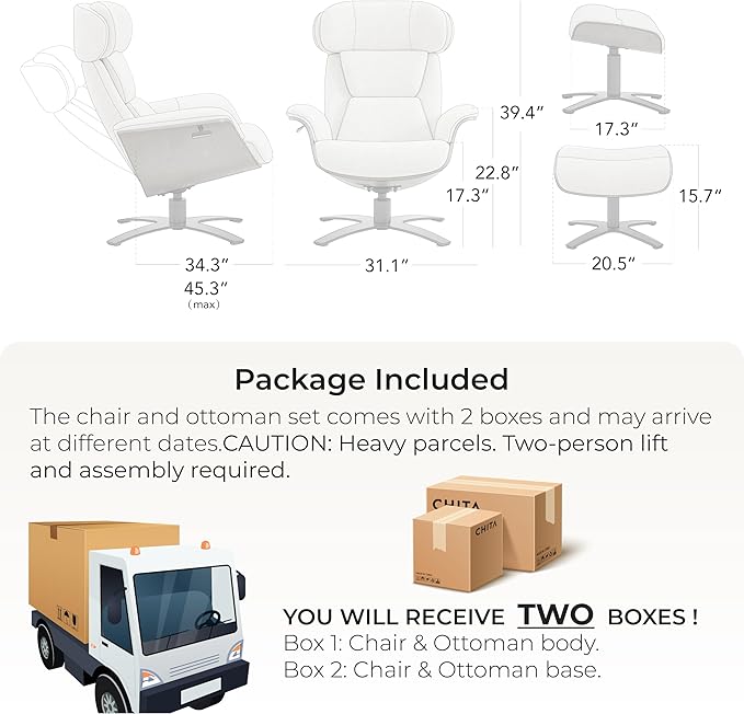 CHITA Genuine Leather Reclining Swivel Chair with Adjustable Headrest and Ottoman for Living Room, Saddle