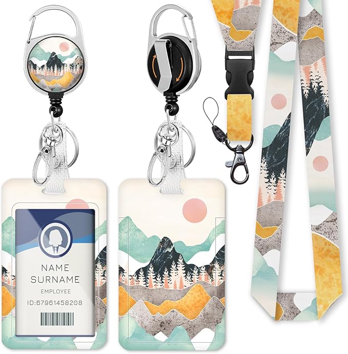 Gctriki ID Badge Holder with Lanyard, Sunrise Mountain Lanyard for Keys, Mountain Sunset Retractable Badge Reel Clip, Teacher Lanyards for ID Badges Holder, Nurse Teacher Workers Women Office Gifts