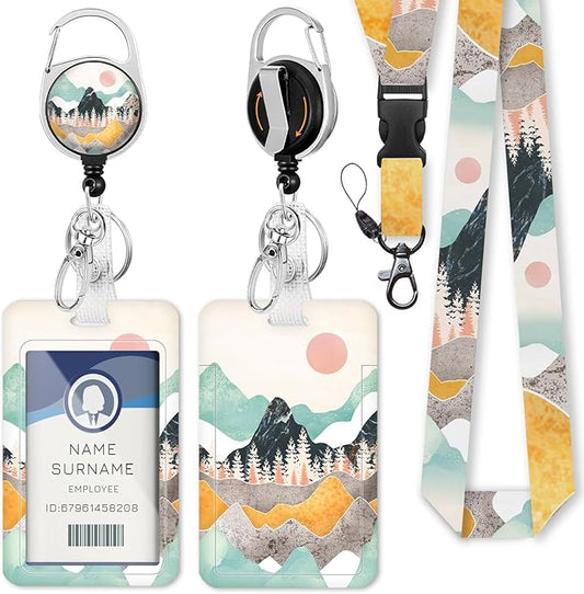 Gctriki ID Badge Holder with Lanyard, Sunrise Mountain Lanyard for Keys, Mountain Sunset Retractable Badge Reel Clip, Teacher Lanyards for ID Badges Holder, Nurse Teacher Workers Women Office Gifts