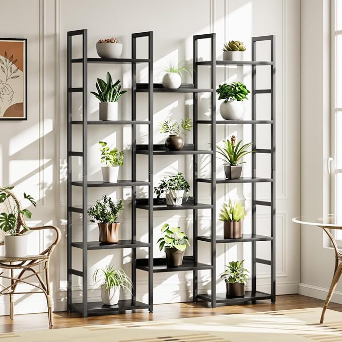 OTK Triple Column 5 Tier Bookshelf, Large Bookcase with 14 Open Display Shelves, Adjustable Industrial Book Shelf with Baffles, Wide Bookshelves for Bedroom, Living Room and Home Office, Black