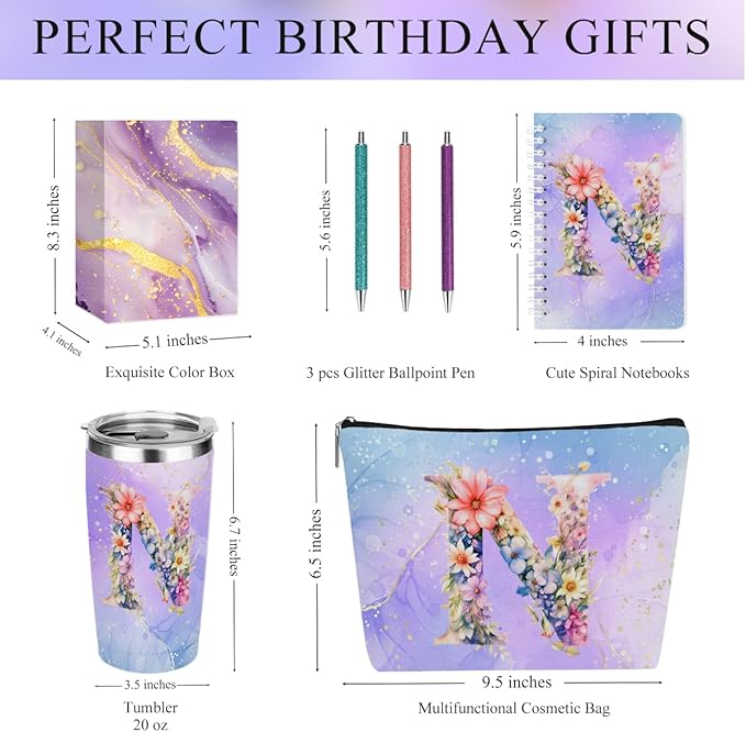 Personalized Gifts Monogrammed Birthday Gifts for Women, Colleague, Female Farewell Christmas, Initial 20 oz Tumbler, Makeup Cosmetic Bag Cup Pens Journal Notebook 6 Set, (Aesthetic Purple Flower N)
