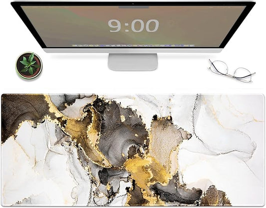 Galdas Large Mouse Pad XXL XL Large Mouse Pad Long Extended Mousepad Desk Pad Non-Slip Rubber Mice Pads Stitched Edges Thin Pad (31.5x11.8x0.12 Inch)-Ink White Gold Marble