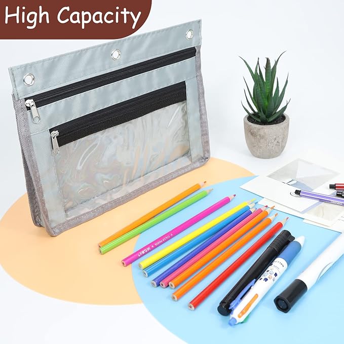 YoeeJob 1 Pack Pencil Pouch for 3 Ring Binder, Expandable Binder Pouches with Zipper, Large Capacity Pen Holder Case with Clear Window School Class Office Organizers, Grey