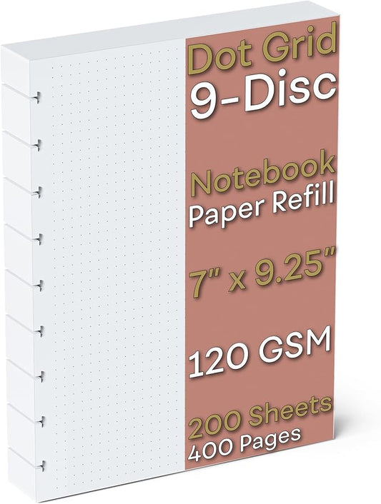 Discbound Dotted Grid Paper, 120 GSM Refill, 200 Sheets (400 Pages), 9 Disc Pre-Punched Happy Planner Inserts, Loose Leaf, White, 7 inch x 9.25 Inch