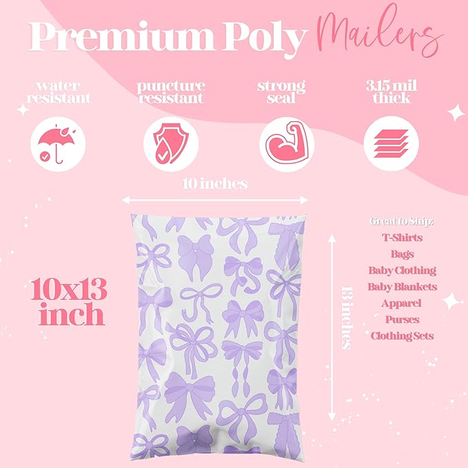 6x9 Designer Poly Mailer 100 Pack Heavy Duty Waterproof Self Seal Shipping Bags for Small Business Large Mailing Envelopes Bulk Tear Resistant Packaging Purple Bows