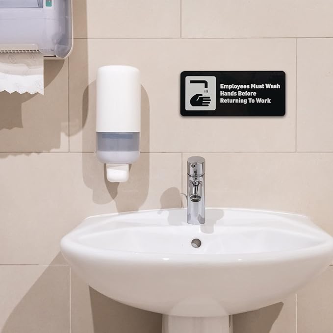 Employees Must Wash Hands Before Returning to Work Sign - Includes Adhesive Strips - Bathroom Sign, Bathroom Signs for Business, Restroom Signs for Business - 7"W x 3"H (Brushed Black) - Made in USA