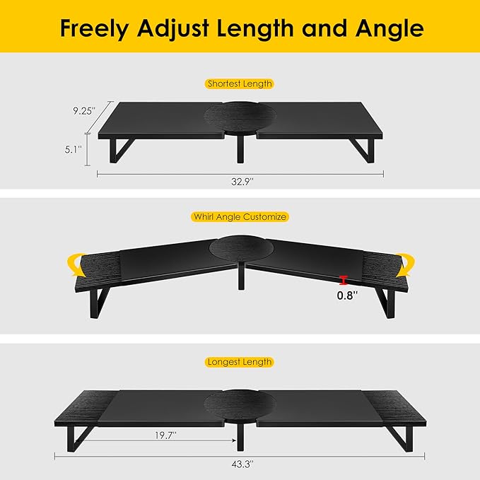 Dual-Monitor Stand for Desk - Large Adjustable Length and Angle Riser for 2 Monitors, Double Computer Desktop Organizer, Shelf for TV, Laptop, Printer