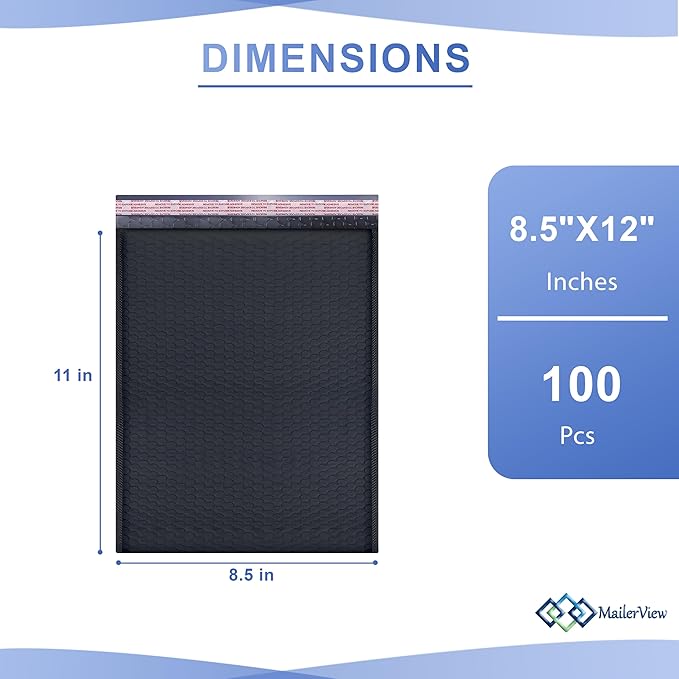 Black Poly Bubble Mailers 8.5x12 inch #2 | Self Seal Padded Envelopes | Cushioned Bubble Mailer | Usable Size 8.5x11 | WaterProof | Lightweight mailing Shipping Bags | US Made | 100 Pack Bulk