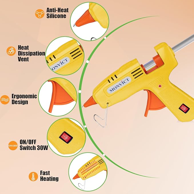 MONVICT 30W Mini Hot Glue Gun Kit, Fast Preheating Glue Gun with Storage Case, 20 Pcs Premium Glue Sticks, 10 Pcs Wood Craft sticks, Hot Melt Glue Gun for School Crafts DIY Arts Gift (Yellow)