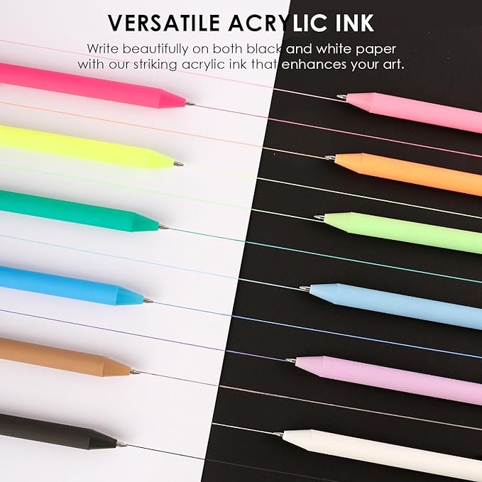 Grabie Acrylic Gel Pens, 0.6mm Fine Point Retractable Gel Pens for Journaling Note Taking, Pack of 12