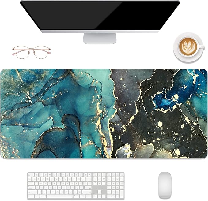 Desk Mat, 32" x 12" XXL Extended Large Gaming Mouse Pad, Desktop Decor Desk Pad, Cute Men Women Office Supplies and Accessories, XL Mouse Mat for Laptop & Keyboard, Teal Marble