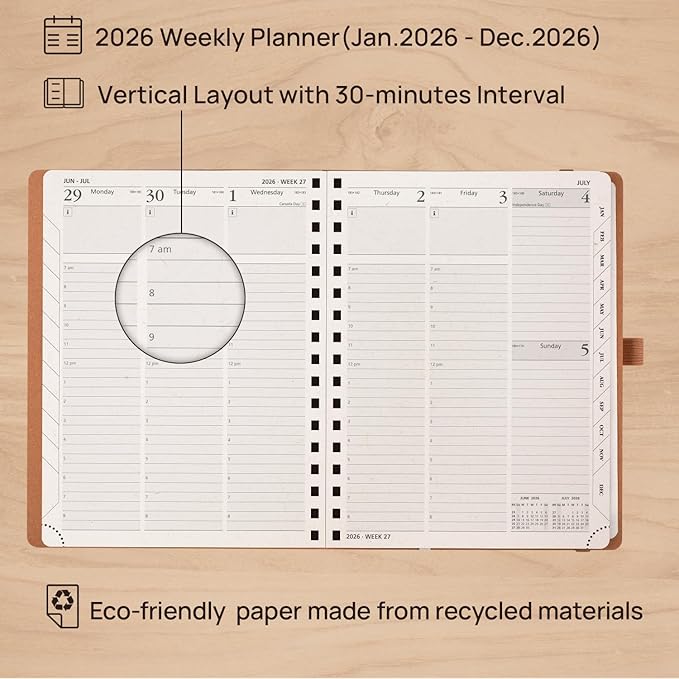 POPRUN 2026 Planner - 2026 Recycled Weekly Planner [Italian Regenrated Leather - Medium Size 6.5'' x 8.5''] - 2026 Weekly Planner with Hourly Schedule, Monthly Tabs-26-WERO7-BGY - Black Grey