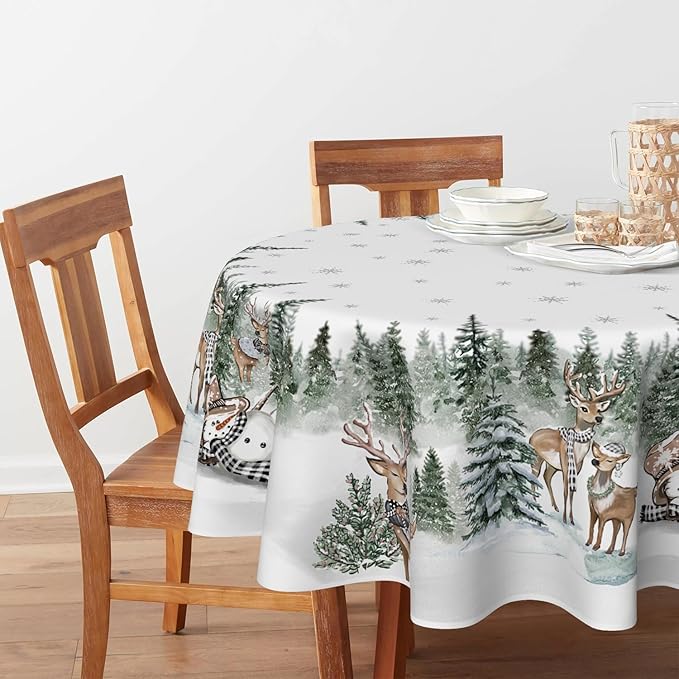 Horaldaily Christmas Tablecloth 90×90 Inch Round, Deers Snowman Trees White Washable Table Cover for Party Picnic Dinner Decor