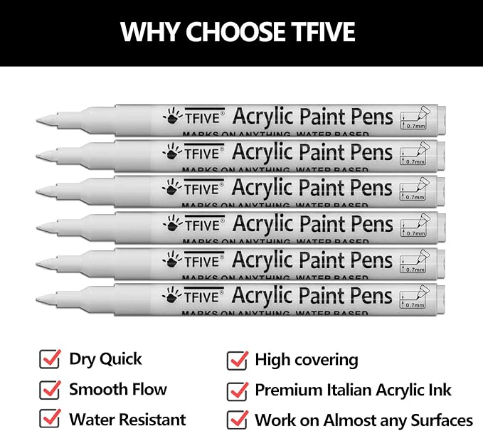 White Marker Paint Pens - 6 Pack Acrylic White Permanent Marker, 0.7mm Extra Fine Tip Paint Pen for Art projects, Drawing, Rock Painting, Stone, Ceramic, Glass, Wood, Plastic, Metal, Canvas DIY Crafts