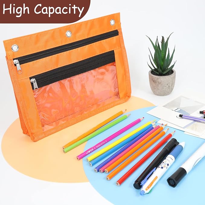 YoeeJob 1 Pack Pencil Pouch for 3 Ring Binder, Expandable Binder Pouches with Zipper, Large Capacity Pen Holder Case with Clear Window School Class Office Organizers, Orange