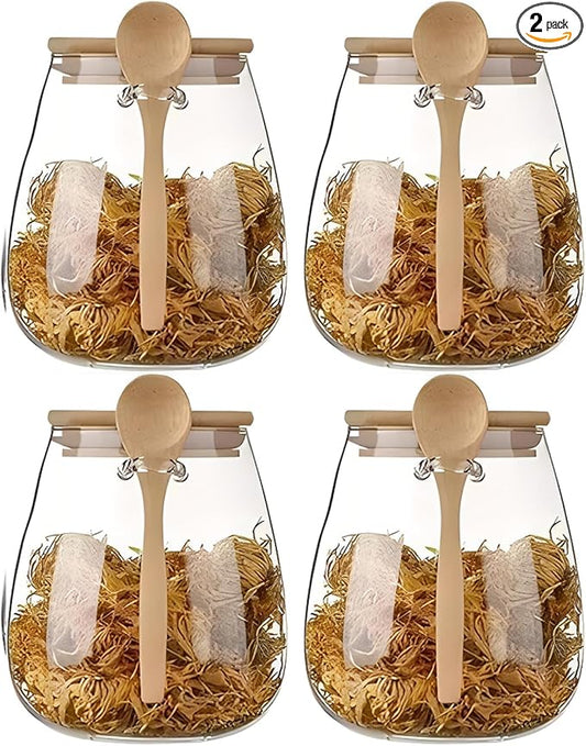 Airtight glass jar storage container with bamboo lid Set of 4, wide mouth, leak-proof, With a spoon, can be used for coffee beans, tea leaves, grains, dried fruits, etc (Large*4PCS)