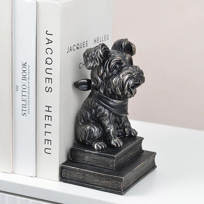Vintage Antique Dog Bookends,Decorative Book Ends for Shelves,Creative Resin Schnauzer Statues Book Holders for Desk Home Office Bookshelf Decoration,Gifts for Dog Enthusiasts