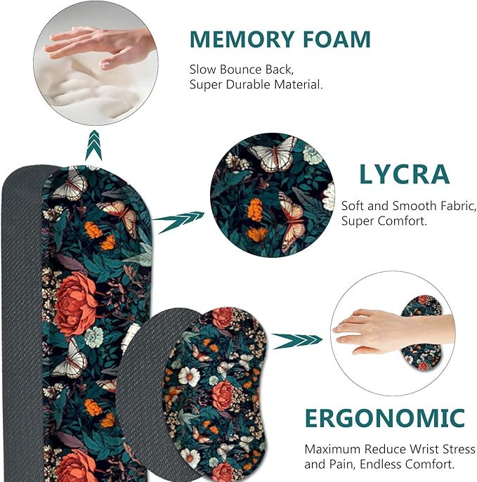 AIMSA XXL Large Gaming Mouse Pad Set with Wrist Rest, Retro Floral Butterfly Pattern, Multicolor, Fabric, Memory Foam, 4 in 1 Combo, Ultra-smooth, Non-slip, Stitched Edges
