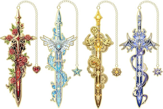 4Pcs Fantasy Sword Bookmarks for Books Journals Planners, Cool Forth Wing Metal Book Marker for Reading Women Men, Unique Book Marks Gifts for Book Lovers, Reading Accessories for Students Adults Kids